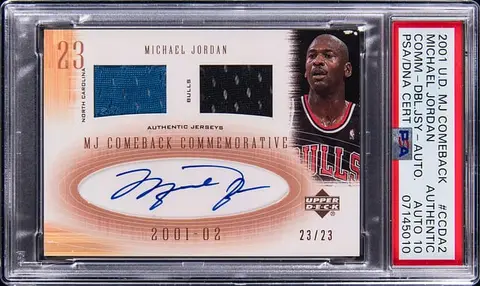 2001-02 Upper Deck MJ Comeback Commemorative Double Jersey Autograph #CCDA2 Michael Jordan Signed Relic Card (#23/23) - Jersey Number - PSA Authentic, PSA/DNA GEM MT 10