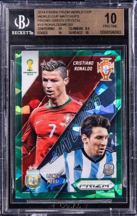 2014 Panini Prizm World Cup Matchups Green Crystal Prizm #19 Cristiano Ronaldo/Lionel Messi (#04/25) - BGS PRISTINE 10 - Pop 2