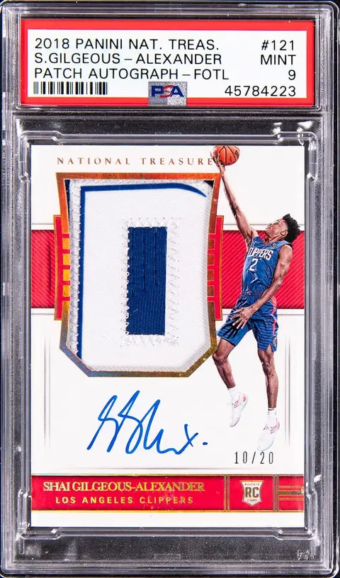 2018-19 Panini National Treasures Rookie Patch Autograph (RPA) 1st Off the Line (FOTL) #121 Shai Gilgeous-Alexander Signed Patch Rookie Card (#10/20) - PSA MINT 9