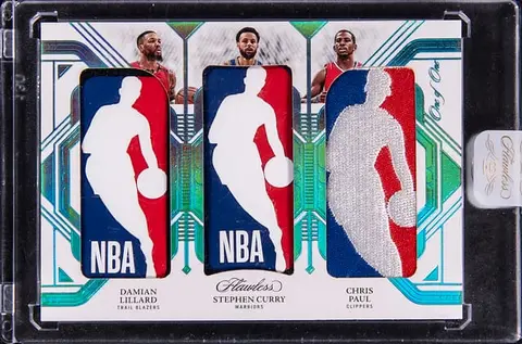 2022-23 Panini Flawless Triple Logoman #TLM-PG Stephen Curry/Damian Lillard/Chris Paul Logoman Patch Card (#1/1) - Panini Encased