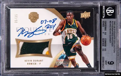 2007-08 Upper Deck Exquisite Collection Autographed Patches #EA-KD Kevin Durant Signed, Inscribed Patch Rookie Card (#35/35) - Jersey Number - BGS MINT 9, Beckett 10