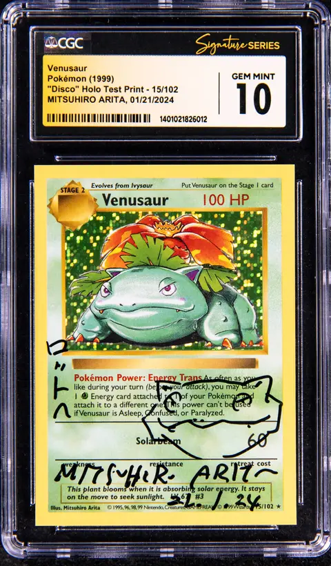 1999 Pokemon Base Set Disco Holo Test Print #15 Venusaur, Signed, Sketched by Mitsuhiro Arita - CGC Signature Series GEM MINT 10