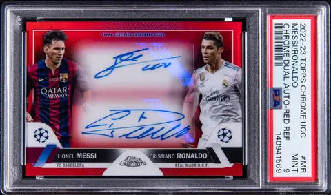 2022-23 Topps Chrome UCC Chrome Dual Autographs Red Refractor #DA-MR Lionel Messi/Cristiano Ronaldo Dual-Signed Card (#1/5) - PSA MINT 9 - Pop 1