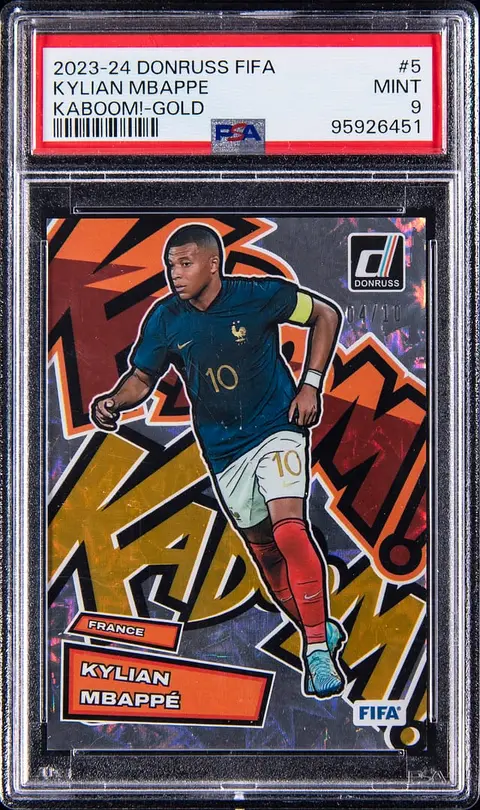 2023-24 Panini Donruss FIFA Kaboom! Gold #5 Kylian Mbappe (#04/10) - PSA MINT 9