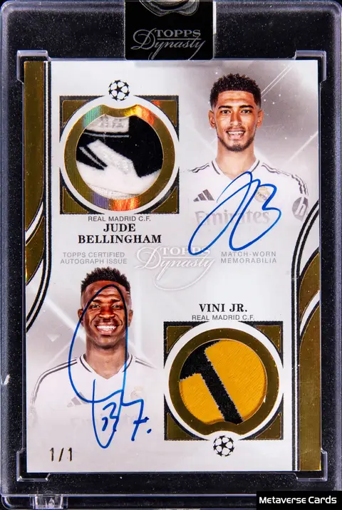 2024-25 Topps Dynasty UCC Dual Autograph Patch Gold #DAPV-BV Jude Bellingham/Vini Jr. Dual-Signed Patch Card (#1/1) - Topps Encased