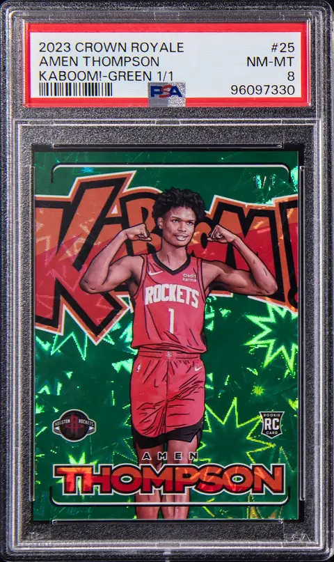 2023-24 Panini Crown Royale Kaboom! Green #25 Amen Thompson Rookie Card (#1/1) - Jersey Number - PSA NM-MT 8