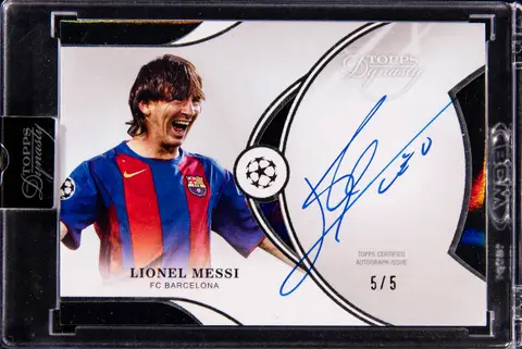 2024-25 Topps Dynasty UCC Debut Day Inscriptions Black #DI-LM Lionel Messi Signed Card (#5/5) - Topps Encased