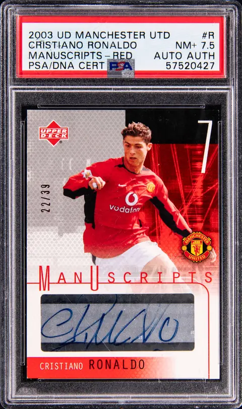 2003 Upper Deck Manchester United ManUscripts Red #R Cristiano Ronaldo Signed Card (#22/39) - PSA NM+ 7.5, PSA/DNA Authentic - Pop 1