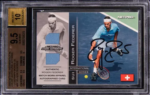 2003 NetPro International Series Court Authentic Apparel Autograph Bonus 25 #RF Roger Federer Signed Match-Worn Relic Rookie Card (#12/25) - BGS GEM MINT 9.5, Beckett 10