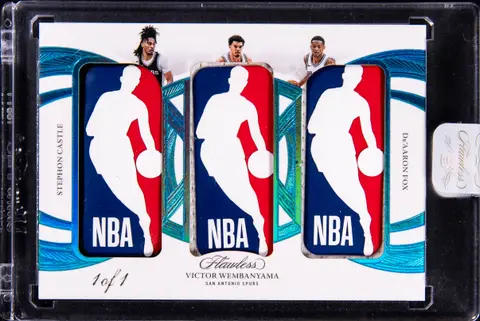 2024-25 Panini Flawless Triple Logoman #TLO-SVD Stephon Castle (RC)/Victor Wembanyama/De'Aaron Fox Patch Card (#1/1) - Wembanyama's Jersey Number - Panini Encased
