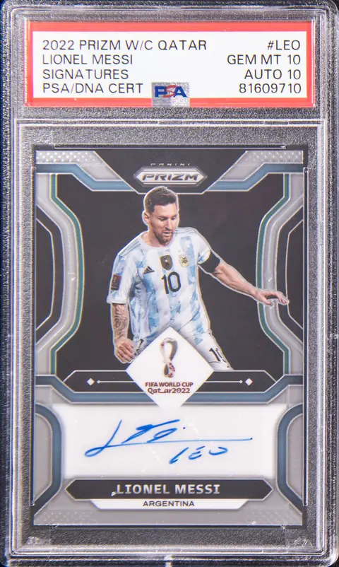2022 Panini Prizm World Cup Qatar Signatures #S-LEO Lionel Messi Signed Card - PSA GEM MT 10, PSA/DNA GEM MT 10