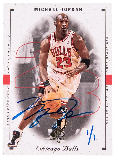 2013-14 Upper Deck SP Authentic Buyback Signatures '98-99 SP Authentic Sample #23 Michael Jordan Signed Card (#1/1) - UDA COA