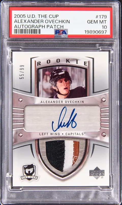 2005-06 Upper Deck The Cup Rookie Patch Autograph (RPA) #179 Alexander Ovechkin Signed Game-Used Patch Rookie Card (#55/99) - PSA GEM MT 10 - Pop 1