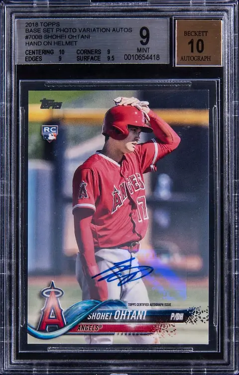 2018 Topps Base Set Photo Variation Autographs #700B Shohei Ohtani, Hand on Helmet Signed Rookie Card (#3/5) - BGS MINT 9, Beckett 10 - Pop 1