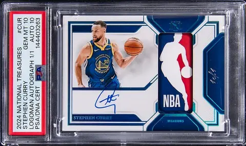 2024-25 Panini National Treasures Logoman Autograph #LA-CUR Stephen Curry Signed Patch Card (#1/1) - Patch Worn/Used on Jan. 12, 2024 - 27 Points, Game-High 9 Assists, 6 3-Pointers - PSA GEM MT 10, PS