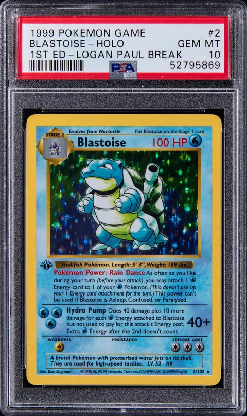 1999 Pokemon Base Set 1st Edition Rare Holo #2 Blastoise - Logan Paul Break - PSA GEM MT 10