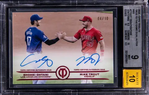 2025 Topps Tribute True to the Game Dual Autograph Red #TTG-OT Shohei Ohtani/Mike Trout Dual-Signed Card (#04/10) - BGS MINT 9, Beckett 10