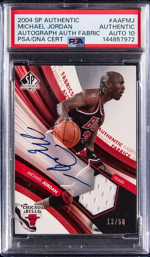 2004-05 Upper Deck SP Authentic Autograph Authentic Fabric #AAF-MJ Michael Jordan Signed Game-Used Relic Card (#13/50) - PSA Authentic, PSA/DNA GEM MT 10