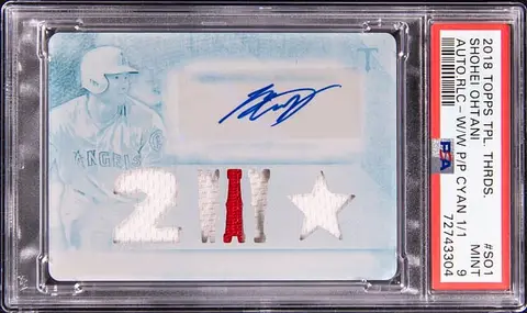 2018 Topps Triple Threads Autograph Relics White Whale Cyan Printing Plate #TTAR-SO1 Shohei Ohtani Signed Patch Rookie Card (#1/1) - PSA MINT 9