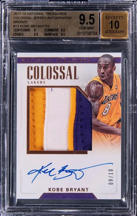 2017-18 Panini National Treasures Colossal Jersey Autographs Bronze #CJA-KBR Kobe Bryant Signed Patch Card (#09/10) - BGS GEM MINT 9.5, Beckett 10 - Pop 4