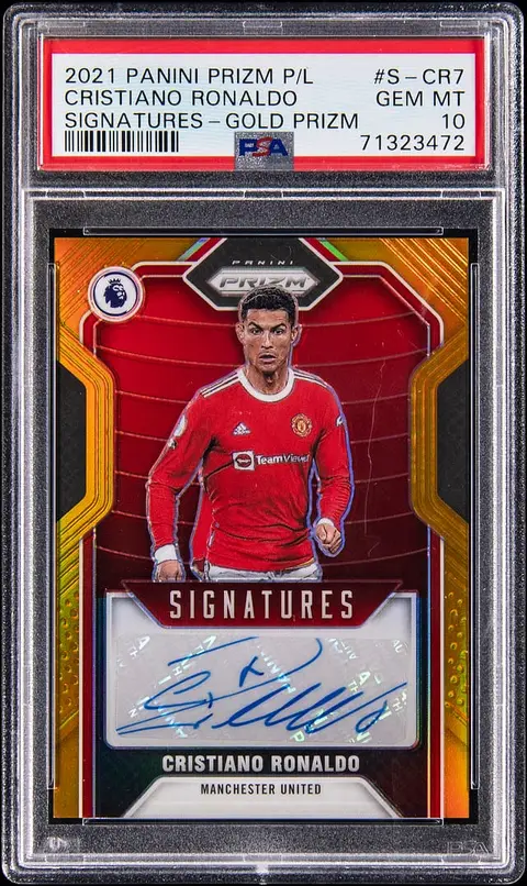 2021-22 Panini Prizm Premier League Signatures Gold Prizm #S-CR7 Cristiano Ronaldo Signed Card (#5/5) - PSA GEM MT 10