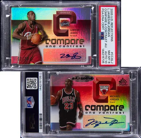 2005-06 Upper Deck Reflections Compare & Contrast Autographs #CCA-LJ LeBron James/Michael Jordan Dual-Signed Card (#01/30) - PSA NM-MT 8, PSA/DNA GEM MT 10, UDA COA - Pop 2