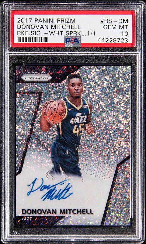 2017-18 Panini Prizm Rookie Signatures White Sparkle #RS-DM Donovan Mitchell Signed Rookie Card (#1/1) - PSA GEM MT 10