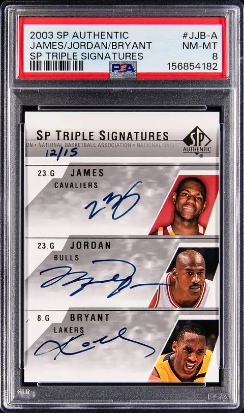 2003-04 Upper Deck SP Authentic SP Triple Signatures #JJB-A LeBron James/Michael Jordan/Kobe Bryant Multi-Signed Rookie Card (#12/15) - PSA NM-MT 8 - Pop 2