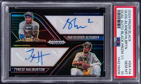 2024-25 Panini Prizm Black Dual Autographs Black Prizm #DA-FIA Shai Gilgeous-Alexander/Tyrese Haliburton Dual-Signed Card (#1/1) - PSA GEM MT 10