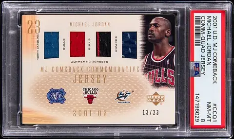 2001-02 Upper Deck MJ Comeback Commemorative Quad Jersey #CCQ1 Michael Jordan Patch Card (#13/23) - PSA NM-MT 8