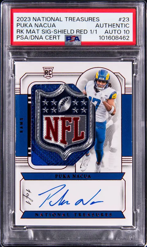 2023 Panini National Treasures Rookie Material Signatures Shield Red #23 Puka Nacua Signed Patch Rookie Card (#1/1) - PSA Authentic, PSA/DNA GEM MT 10