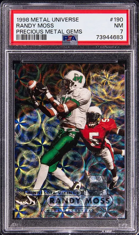 1998 SkyBox Metal Universe Precious Metal Gems (PMG) #190 Randy Moss Rookie Card (#01/50) - PSA NM 7