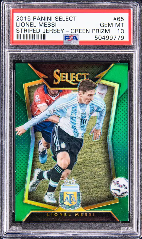 2015-16 Panini Select Green Prizm #65 Lionel Messi, Striped Jersey (#3/5) - PSA GEM MT 10 - Pop 1