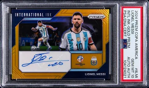 2024 Panini Prizm Copa America International Ink Gold Prizm #II-LMI Lionel Messi Signed Card (#05/10) - PSA GEM MT 10, PSA/DNA Authentic - Pop 1