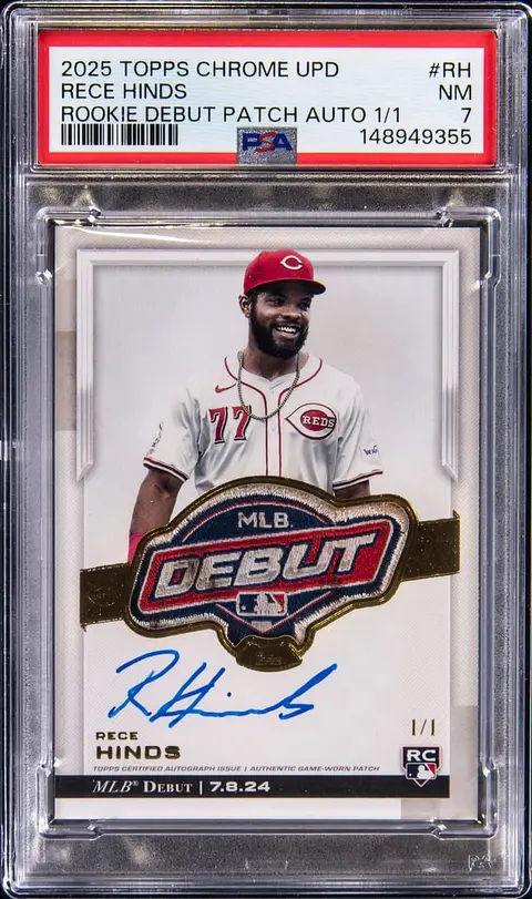 2025 Topps Chrome Update Rookie Debut Patch Autograph #RDPA-RH Rece Hinds MLB Debut Signed Game-Used Patch Rookie Card (#1/1) - PSA NM 7, MLB Authenticated - 2-3, 1 HR, 1 2B