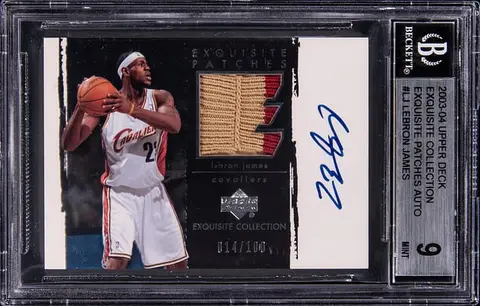 2003-04 Upper Deck Exquisite Collection Exquisite Patches Autographs #AP-LJ LeBron James Signed Game-Used Patch Rookie Card (#014/100) - BGS MINT 9, Beckett 10