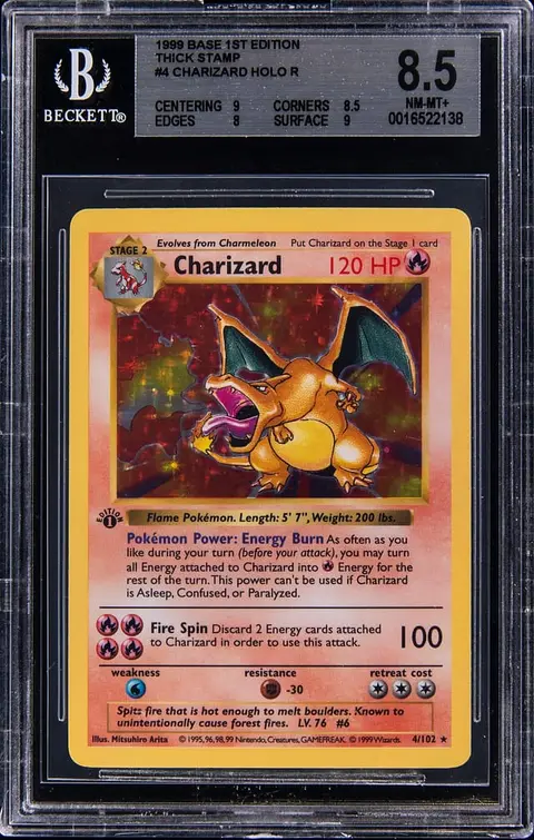 1999 Pokemon Base Set 1st Edition Holo #4 Charizard, Thick Stamp - BGS NM-MT+ 8.5