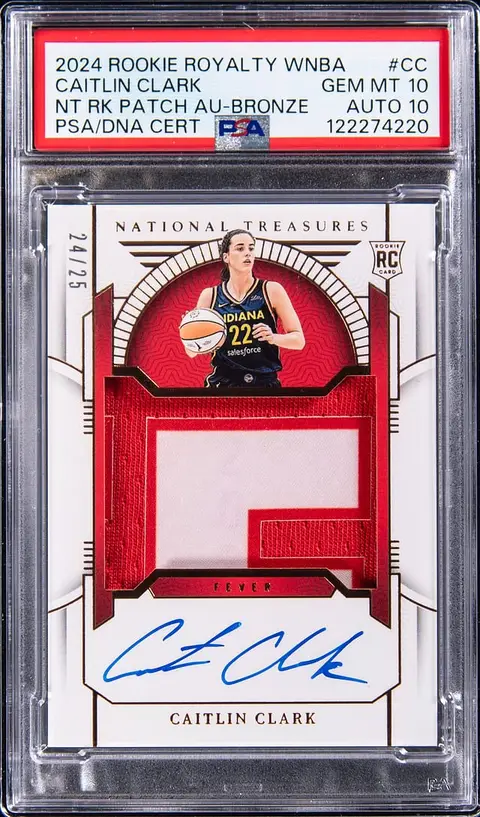 2024 Panini National Treasures Rookie Royalty WNBA Rookie Patch Autograph (RPA) Bronze #RPA-CC Caitlin Clark Signed Patch Rookie Card (#24/25) - PSA GEM MT 10, PSA/DNA GEM MT 10