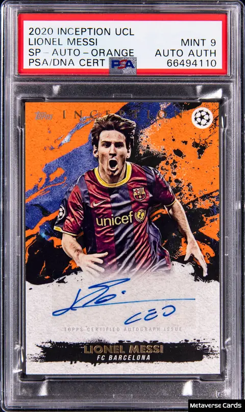 2020-21 Topps Inception UCL SP Autograph Orange Lionel Messi Signed Card (#3/5) - PSA MINT 9, PSA/DNA Authentic