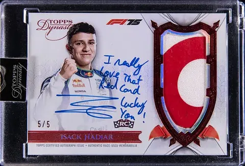 2025 Topps Dynasty F1 Autographed Patches Red #DAP-IHA Isack Hadjar Signed, Inscribed, Race-Used Patch Rookie Card (#5/5) - Topps Encased