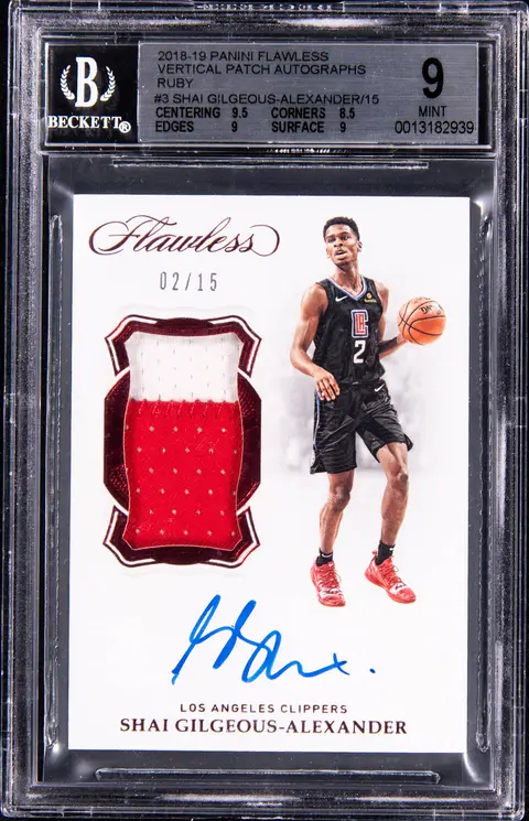 2018-19 Panini Flawless Vertical Patch Autographs Ruby #VP-SGA Shai Gilgeous-Alexander Signed Patch Rookie Card (#02/15) - Jersey Number - BGS MINT 9, Beckett 10