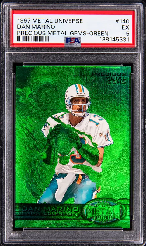 1997 SkyBox Metal Universe Precious Metal Gems (PMG) Green #140 Dan Marino (#012/150) - PSA EX 5