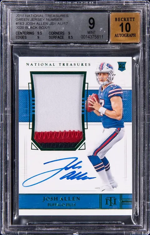 2018 Panini National Treasures Rookie Patch Autograph (RPA) Green Jersey Number '20 Black Box #163 Josh Allen Signed Patch Rookie Card (#1/1) - BGS MINT 9, Beckett 10