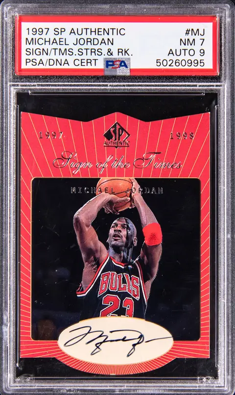 1997-98 Upper Deck SP Authentic Sign Of The Times Stars & Rookies #MJ Michael Jordan Signed Card - PSA NM 7, PSA/DNA MINT 9