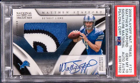 2009 Panini Playoff National Treasures Signature Material #121 Matthew Stafford Signed Patch Rookie Card (#56/99) - PSA GEM MT 10, PSA/DNA Authentic - Pop 1