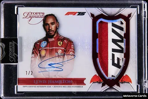 2025 Topps Dynasty F1 Suit Nameplate Patch Autograph Red #DAF-LHA Lewis Hamilton Signed Race-Used Patch Card (#1/2) - Topps Encased