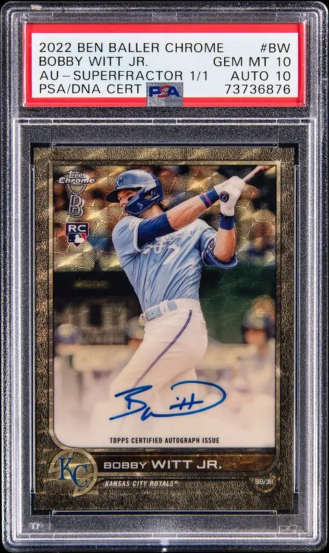 2022 Ben Baller Chrome Autographs SuperFractor Signed Bobby Witt Jr. Rookie Card (#1/1) - PSA GEM MT 10, PSA/DNA GEM MT 10
