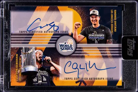 2025 Topps Series 2 World Champion Dual Autographs Platinum #WCDA-SC Shohei Ohtani/Clayton Kershaw Dual-Signed Card (#1/1) - Topps Encased - Including Used Redemption Card