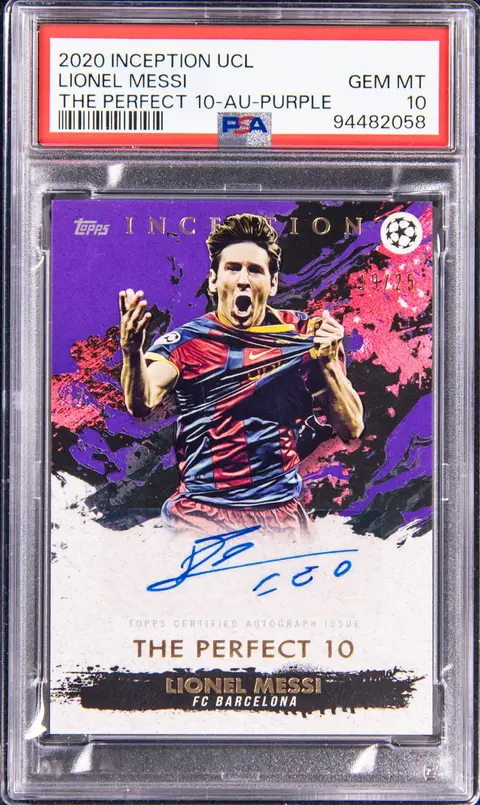 2020-21 Topps Inception UCL The Perfect 10 Autograph Purple Lionel Messi Signed Card (#19/25) - PSA GEM MT 10 - Pop 3