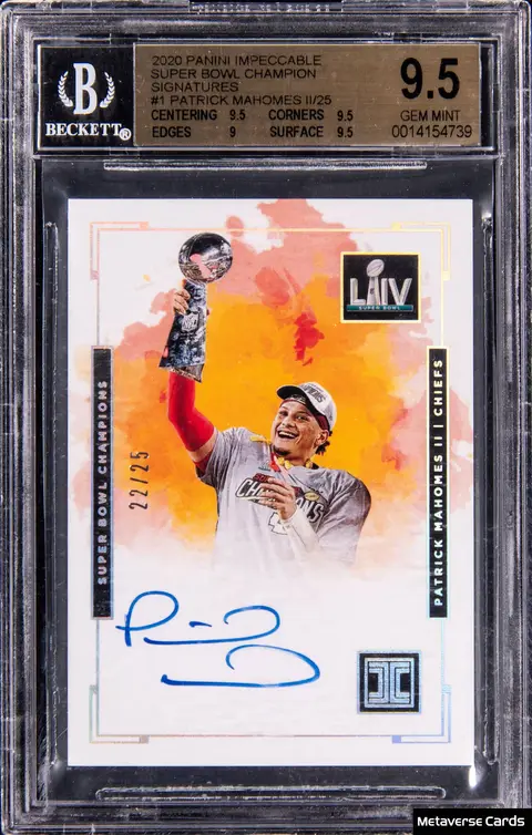 2020 Panini Impeccable Super Bowl Champion Signatures #SCS-PM Patrick Mahomes II Signed Card (#22/25) - BGS GEM MINT 9.5, Beckett 10 - Pop 2